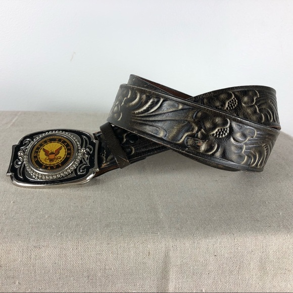 Burton Accessories - Vtg Burton Cowhide Tooled Belt US Navy Belt